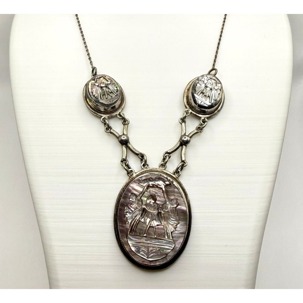 Antique Three Graces Carved Mother of Pearl MOP 800 Silver 3 Cameo Necklace Vtg